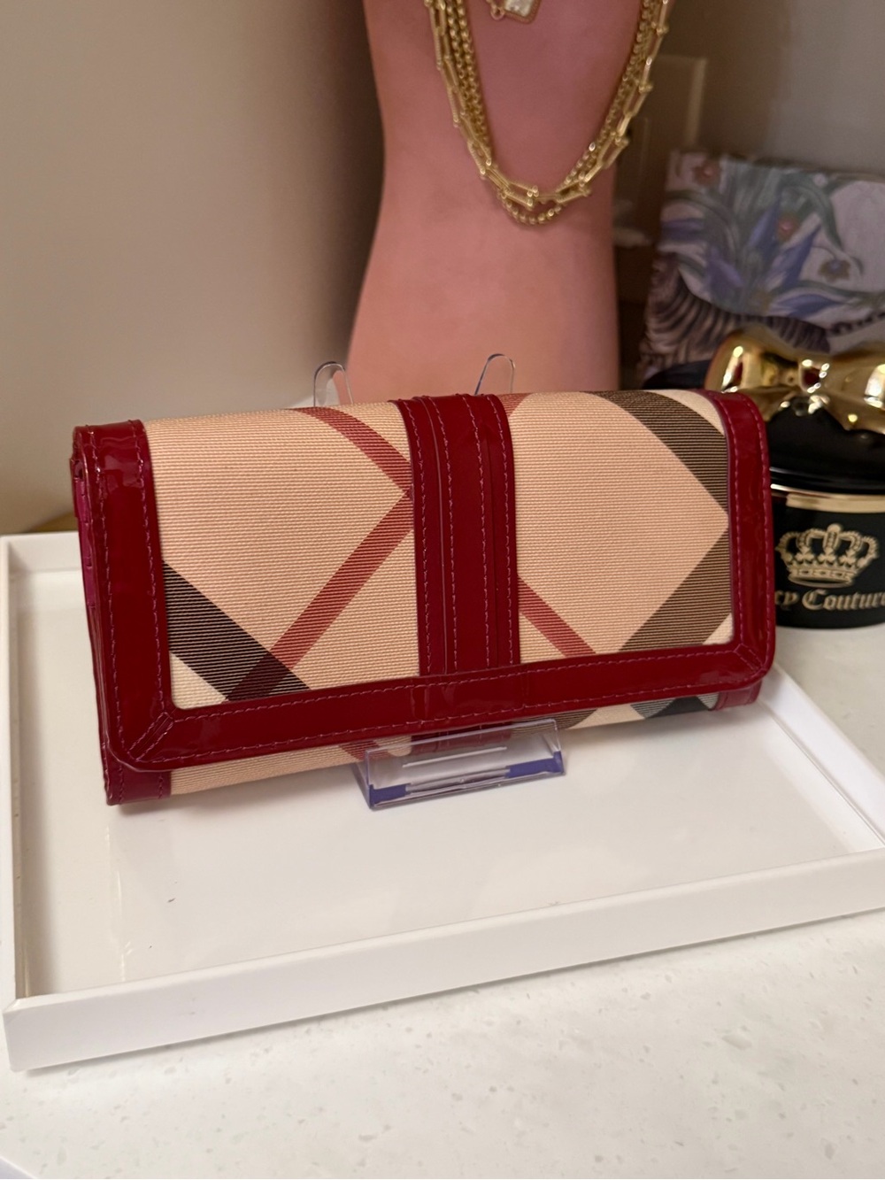Burberry EUC Beige Plaid long Wallet with Red patent Trim